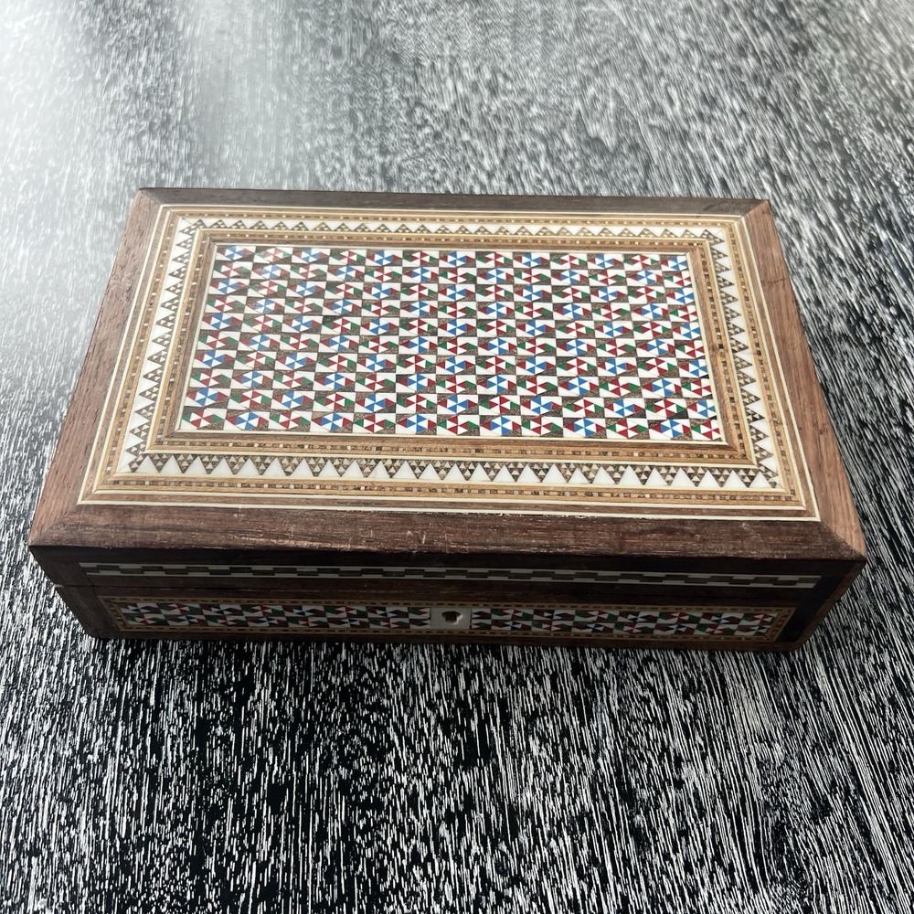 Vintage Wooden Marquetry Inlay Jewelry Box White, Red, Green,‎ Blue Triangles